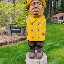 4 Ft Tall Wooden Hand Carved Statue Fisherman Yard Art