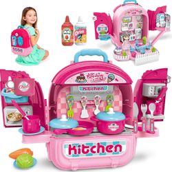 Kitchen Chefs Backpack Toy — 3 in 1 Kitchen Playset, Dollhouse & Carry Case with Cooking Accessories, Utensils & Doll, Portable Pretend Kit for Girls 