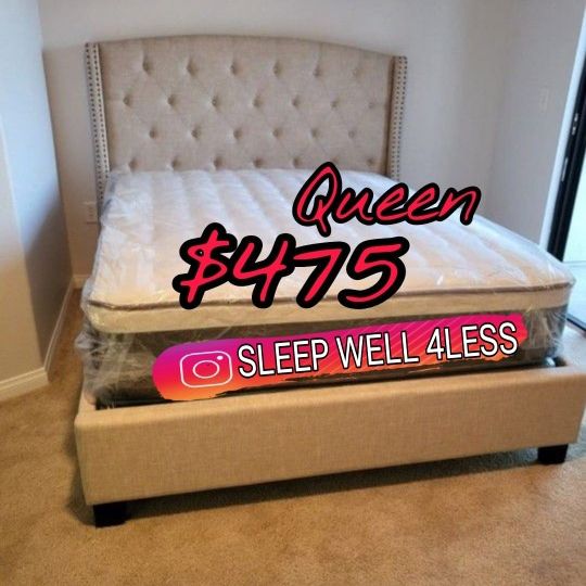 NEW BED FRAME QUEEN COMES IN THE BOX  EURO PILLOW TOP BAMBOO MATTRESS AND BOX SPRING INCLUDED IN STOCK 