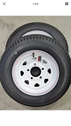 Two (2) - 5.30-12 Load Range C 6 Ply Rated Bias Trailer Tires on 12" 5 Lug White Spoke w/ Stripes Steel Trailer Wheel American brand tire with rim