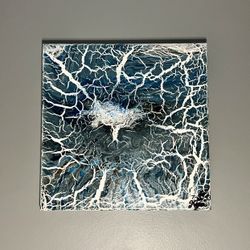 Acrylic Pour Art Original Abstract Painting “ Blue Bonsai” , 12” x 12” x 1”