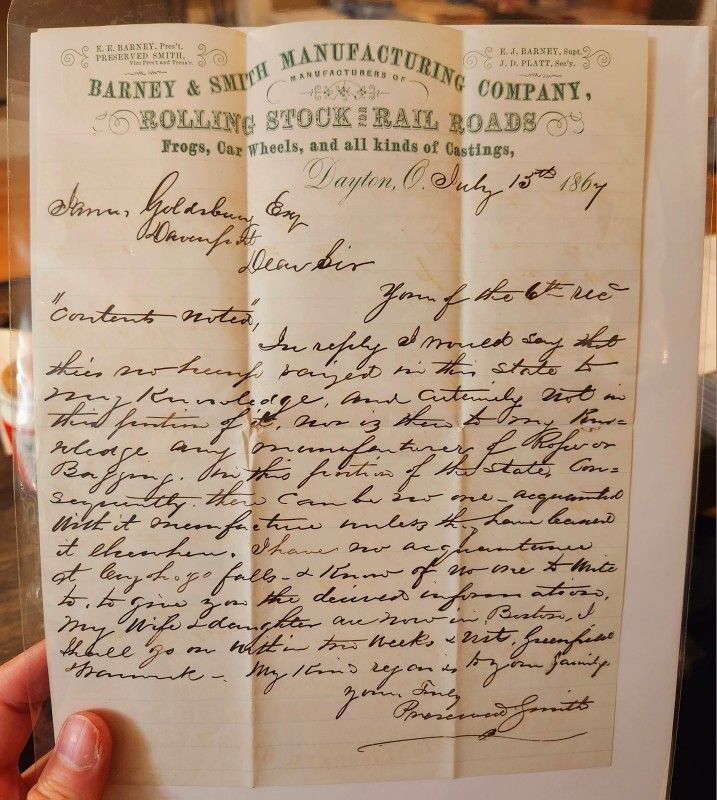 1867 Barney & Smith Manufacturing Letter Re: Railroad Stock Cars (See All Pics!)