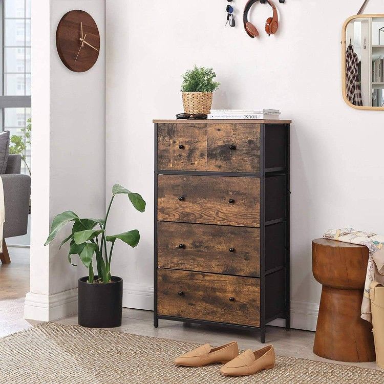 Rustic Drawer Dresser, Storage Dresser Tower with 5 Fabric Drawers