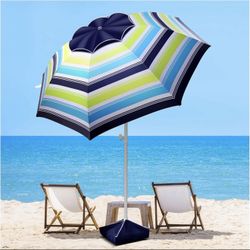 8FT Large Beach Umbrella with Level 7 Wind Resistance, Sand Anchor, Portable Outdoor Umbrella with UPF50+ UV Protection, Tilt Sun Shelter for Beach, P