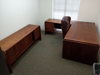 Large Oak Desk and Credenza w. Left Return