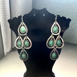 NY & Co Green and Silver Open Blue Green Faux Tear drop shaped Stone Single Dangles Chandelier Earrings