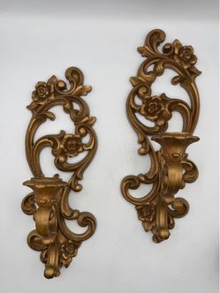 Set of 2 Vintage Gold Art Nouveau Wall Sconces
