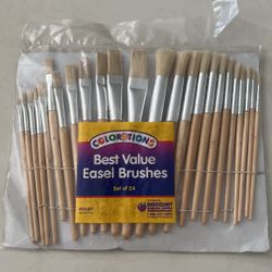 Easel Paint Brushes ~ Set of 24 includes 12 flat and 12 round brushes with seamless metal ferrules, easy-to-hold hardwood handles