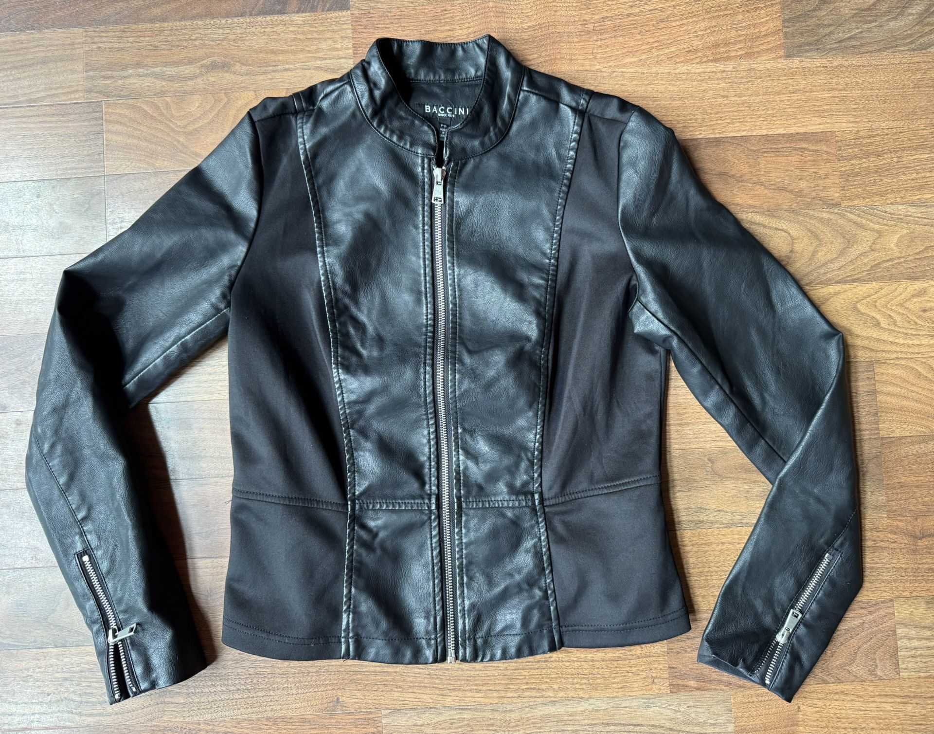 Baccini Faux Leather Peplum Moto Jacket Size PS Black Petite Small Womens