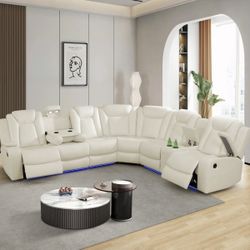 Power Electric White Leather Fully Reclining Sectional Couch