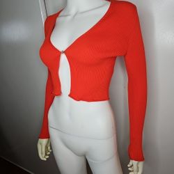 ZARA Ribbed Cropped Cardigan Coral With Abalone Shell Button Womens Long Sleeves