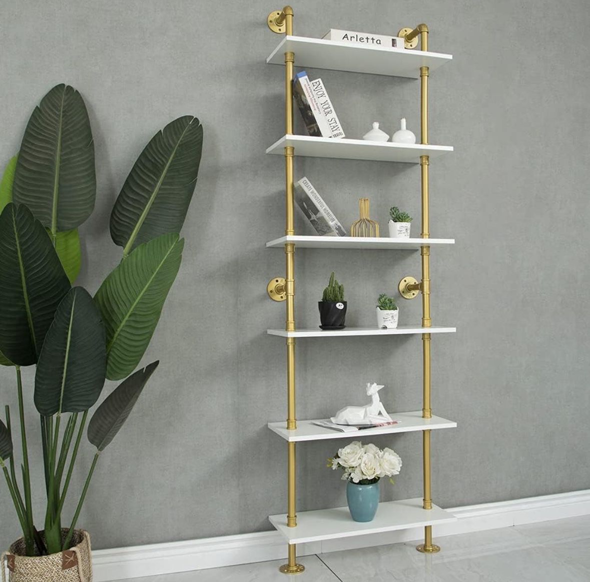 Industrial Gold Bookshelf 6 Tier Wall Mounted Ladder Bookshelf, Rustic Gold Storage Book Shelves Display Bookcase