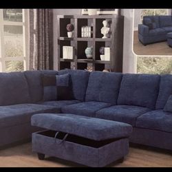 Blue microfiber sectional couch and ottoman
