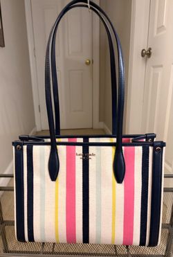 Kate Spade New York Market Striped Canvas Medium Tote Bag Navy Pink Yellow Blue