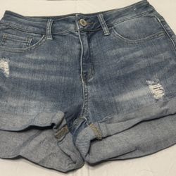 SO Favorite Shortie Denim Shorts Womens Juniors Size 9 Distressed Rolled Hem Blue