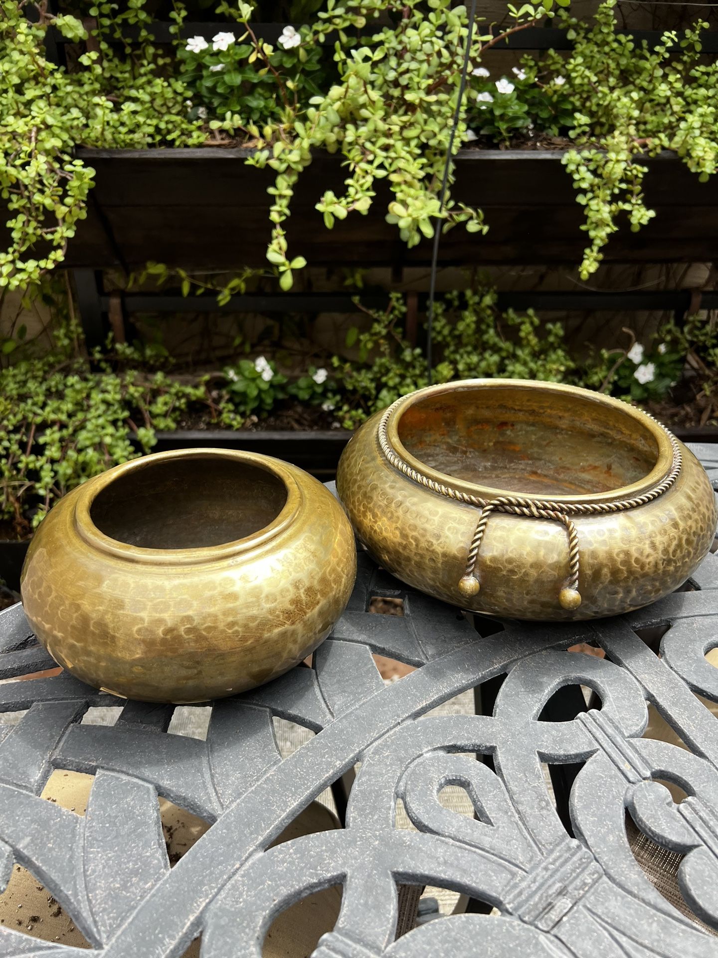 2 Vintage Thick Hammered Brass Pots