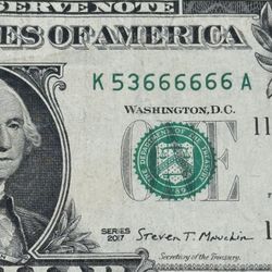 Six 6’s All In A Row/Trinary Fancy Serial Number $1 Dollar Bill