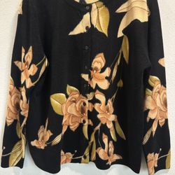 Black Boxy Valentina 98 Button Up Cardigan, Flowers, Few Rhinestones In Front. 