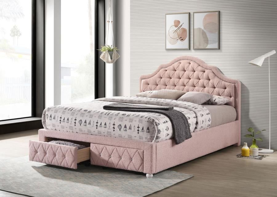 GLAM PINK BOUCLE FABRIC FULL SIZE BED FRAME PLATFORM STYLE STORAGE DRAWERS