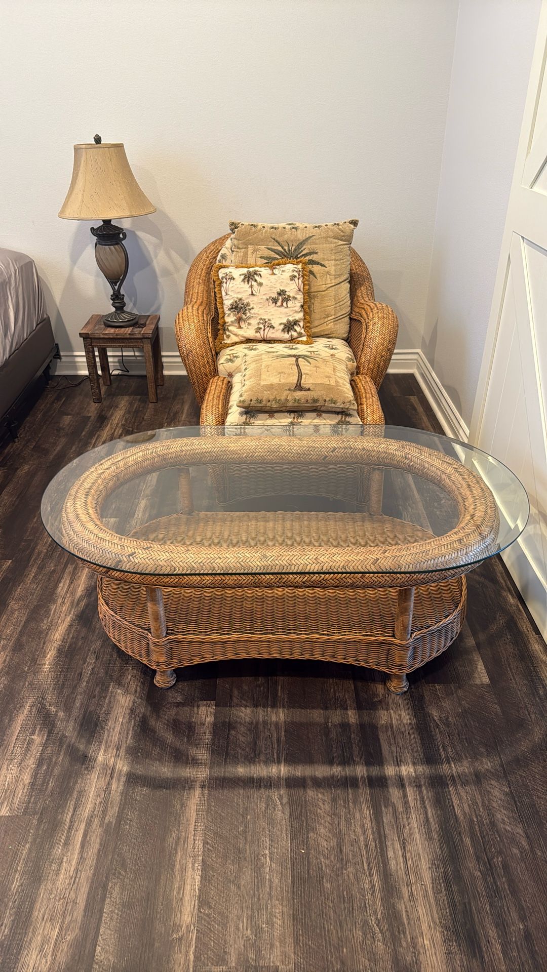 Tropical Wicker Chair, Ottoman & Glass-Top Coffee Table Set