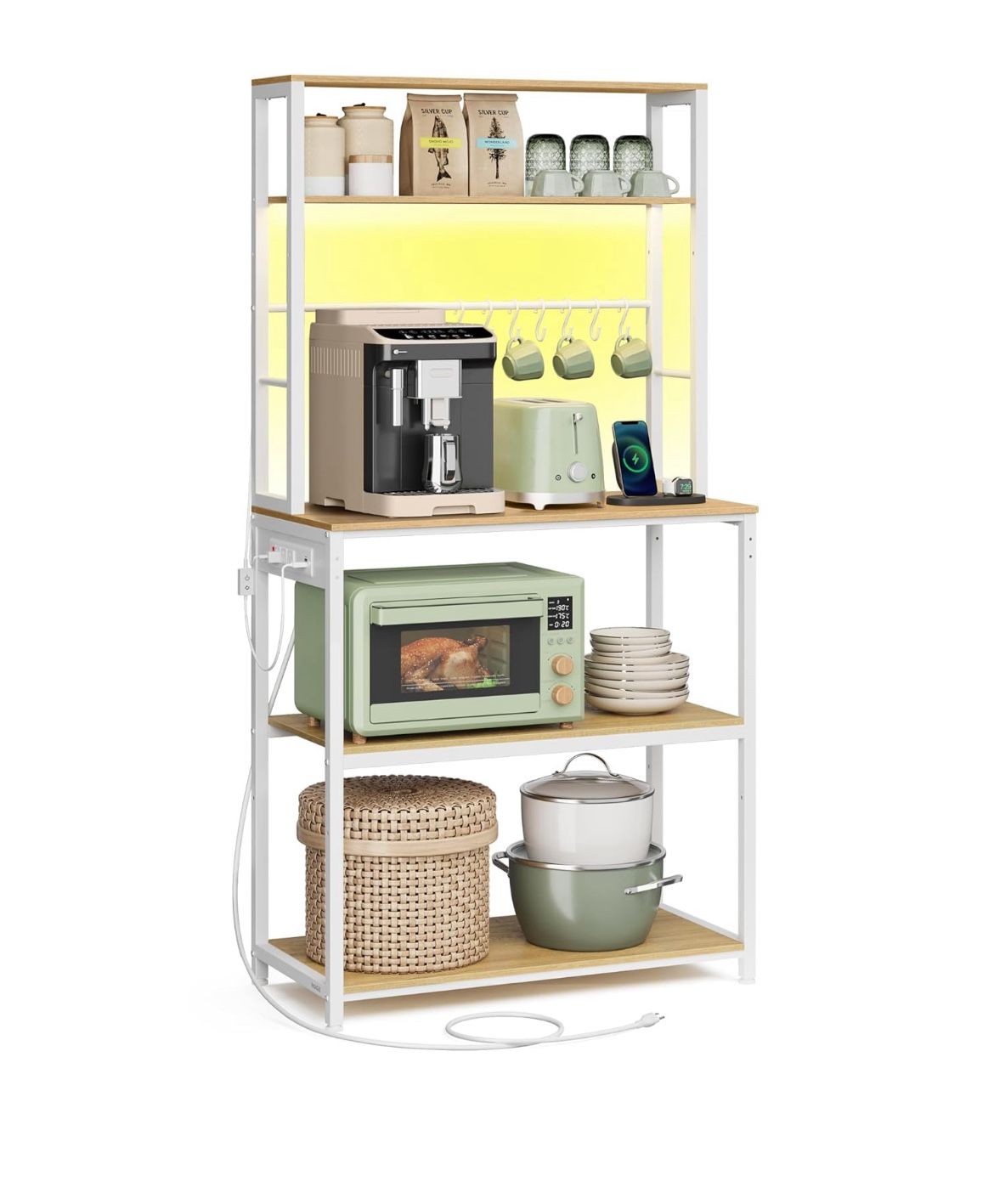 Coffee Bar with LED Lights, Kitchen Bakers Rack with Power Outlet, Microwave Stand with Adjustable Shelves, 8 Hooks, 15.7 x 31.5 x 65.7 Inches, Golden