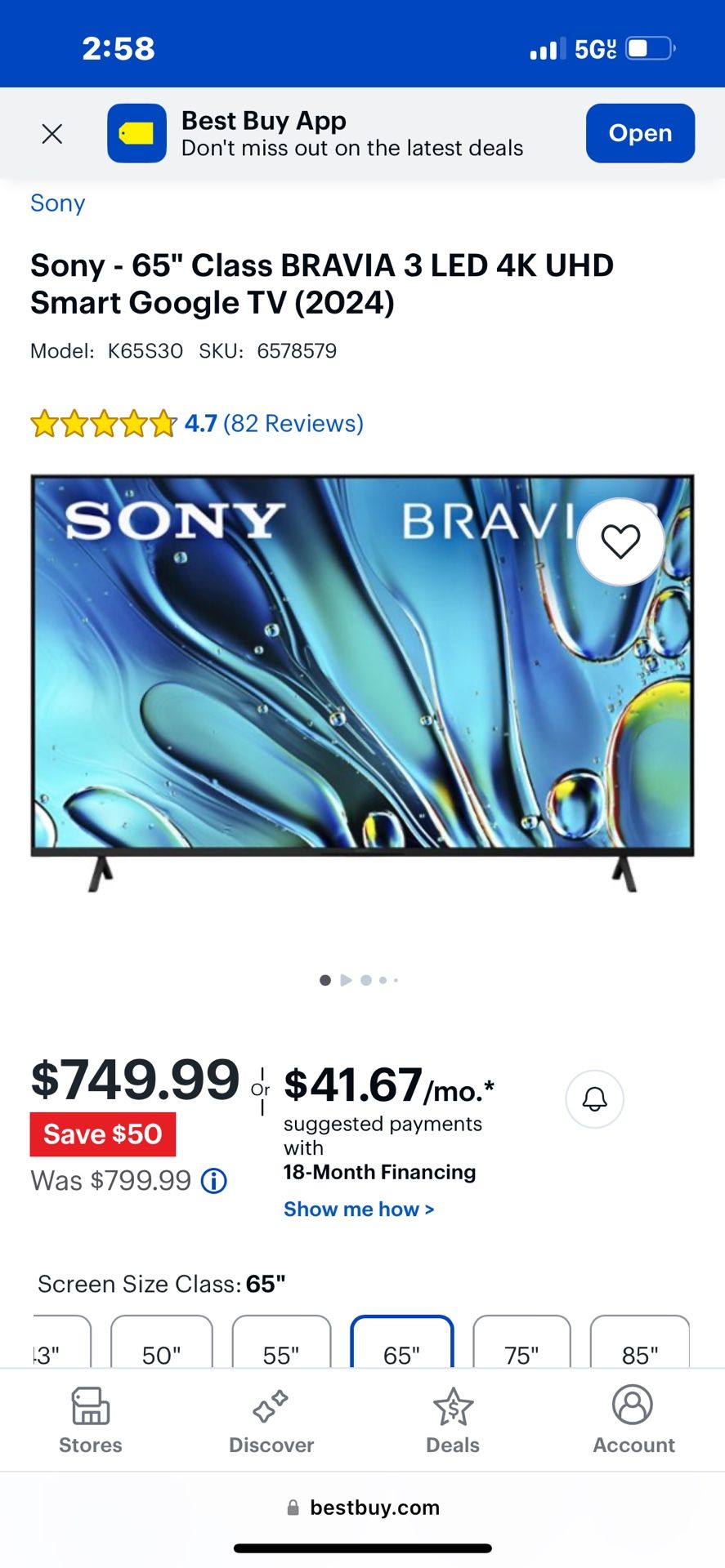 65 Inch Sony Bravia Smart TV