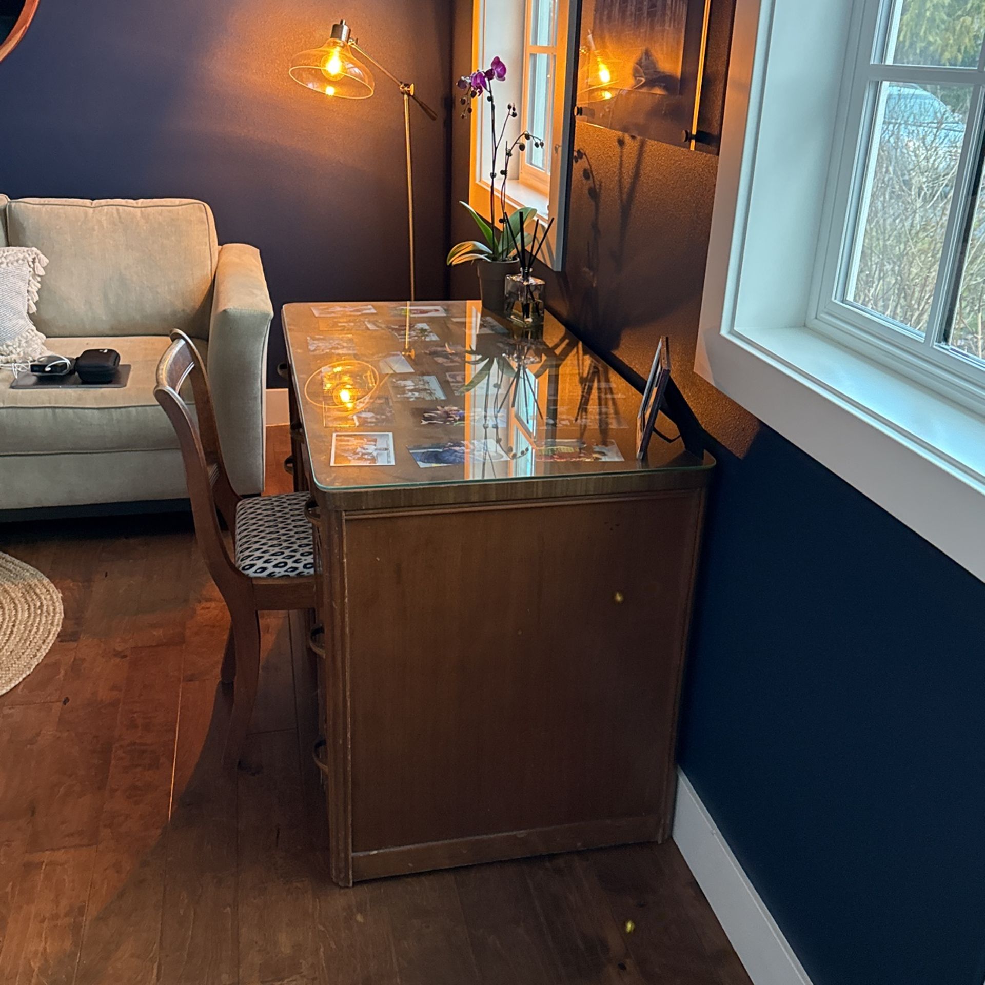 Antique Wood Desk With Glass Top And Chair