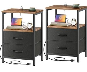Nightstands Set of 2, End Tables with Charging Station, Side Tables with Fabric Drawers, Bedside Tables with USB Ports and Outlets, Night Stands for B