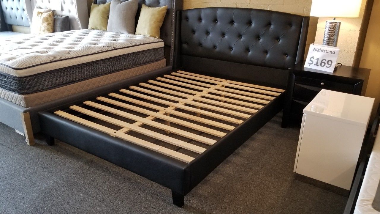 Brand New Black Faux Leather Wingback Queen Bedframe