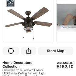 Ceiling Fan, 52” Home decorators “Shanahan” Indoor/outdoor, LED, Bronze Finish W/ Clear Glass Shade