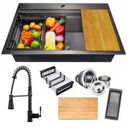 All-in-One Matte Black Finished Stainless Steel 33 in. x 22 in. Single Bowl Drop-in Kitchen Sink with Spring Neck Faucet