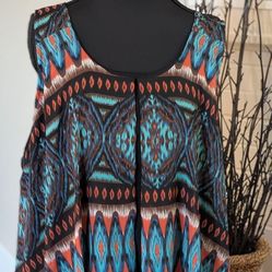 Cocomo Woman 2X Teal Orange Boho Tribal Print Asymmetrical Tunic Top Flowy (H)