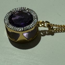 Amethyst, White Topaz Pendant With 18” 14k Plated Chain