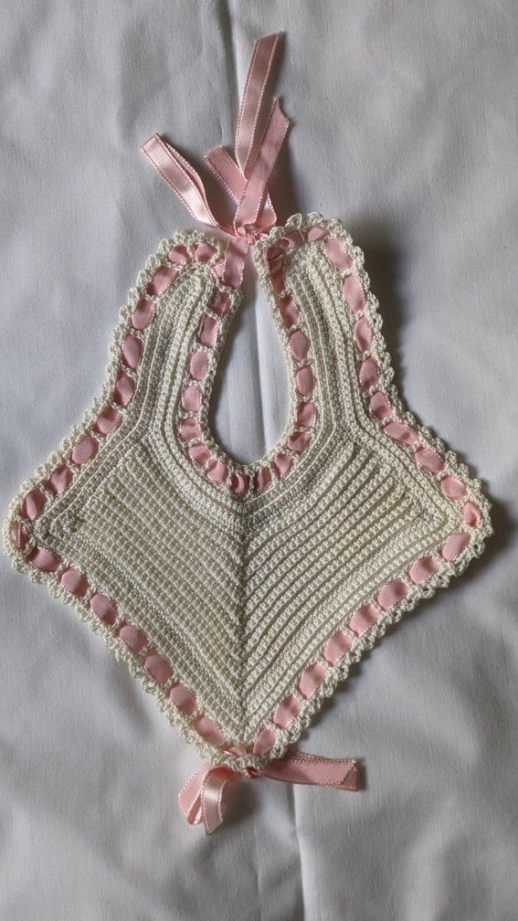 Crochet Baby Bib. Cream w/Pink Ribbons