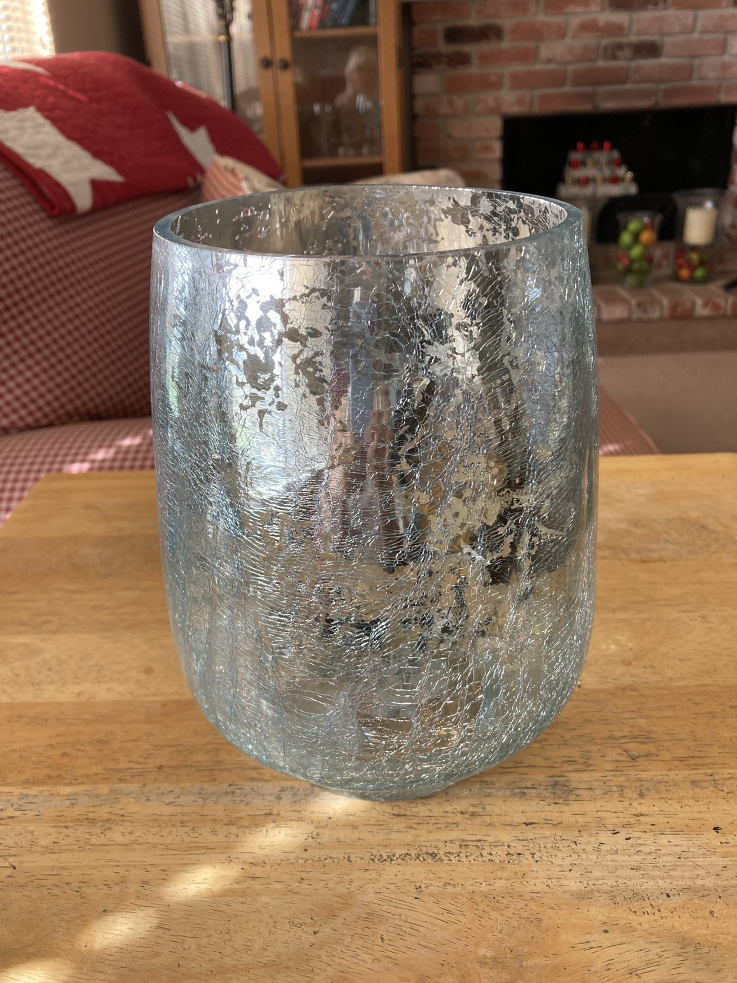Beautiful 10” Crackled Glass Vase / Candle Holder