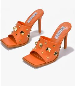 Cape Robbin Popo Sexy Stiletto High Heels for Women, Square Toe Shoes Mule Heels with Studs - Orange