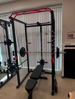 Power Rack with Barbell, Weights, two pulleys system,and Bench