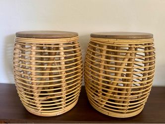 Set of 2 Rattan/Wicker Barrel Side Tables, Round Light Wood Tops Beige/Brown