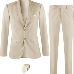 Men’s Beige 4 Piece Suit, Blazer, Vest, Tie, and Pants