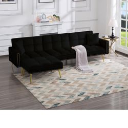 Black velvet L-shaped, full-time sofa, and couch