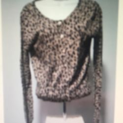 Wet Seal Long Sleeve Leopard Animal Print Sheer Button Up Sweater Women Sz Large
