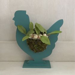 Rooster With Eggs In Wire Basket On Stand $6