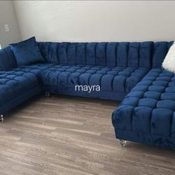 Blue Velvet Double Chaise Sectional,Seccional, Couch// Delivery Available 