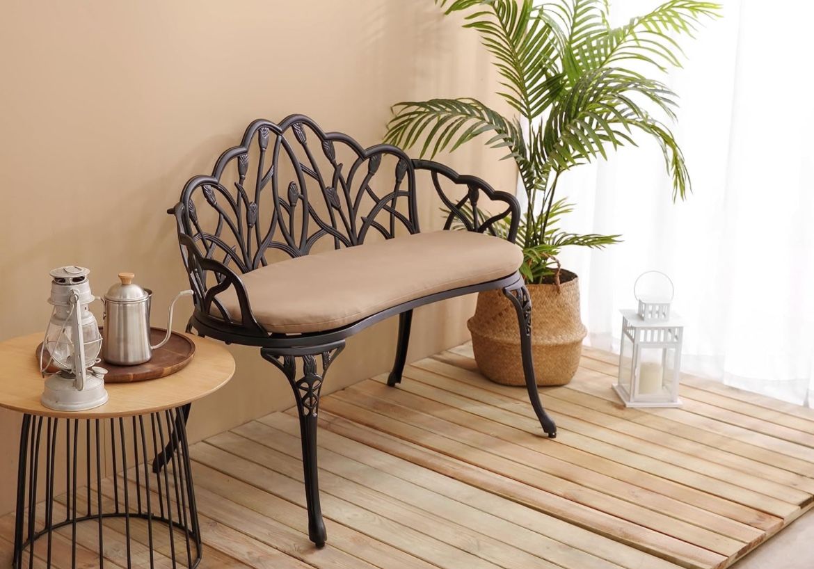 Outdoor Patio Bench, Garden Bench with Cushion All-Weather Cast Aluminum Extra Loveseat for Lawn Front Porch Path Yard Decor Deck Furniture Black