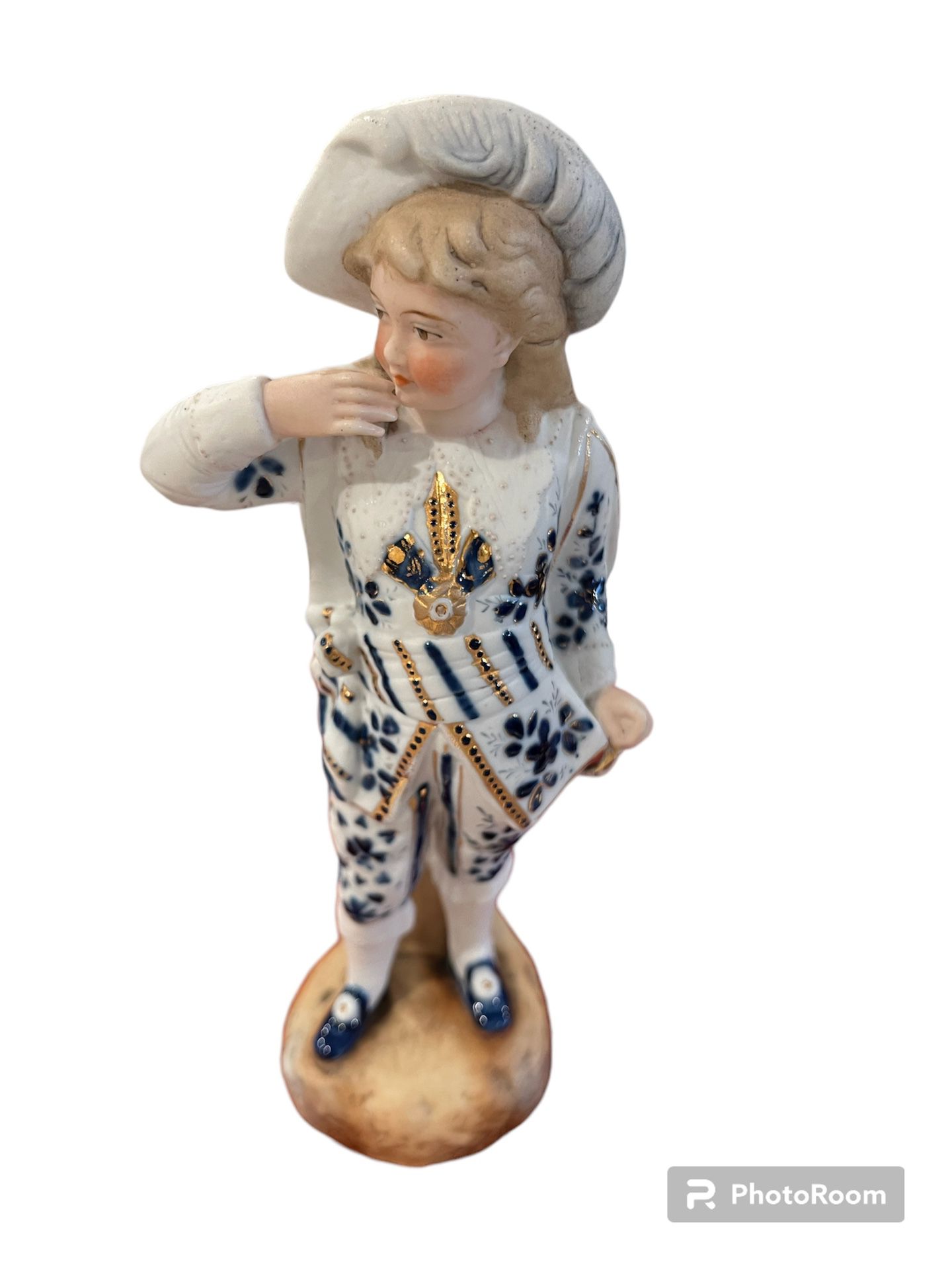 Rare Antique 19th C German Bisque Porcelain Figurine Man Boy Blue & Gilt