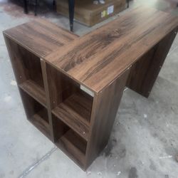 Walnut L-Shape Desk Storage Shelves Open Bookcase