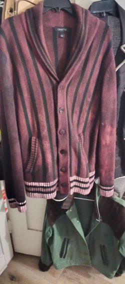 1886 $250 Crwth Men's Billy The Kid Wool Cardigan Sweater Shawl Large Red/White