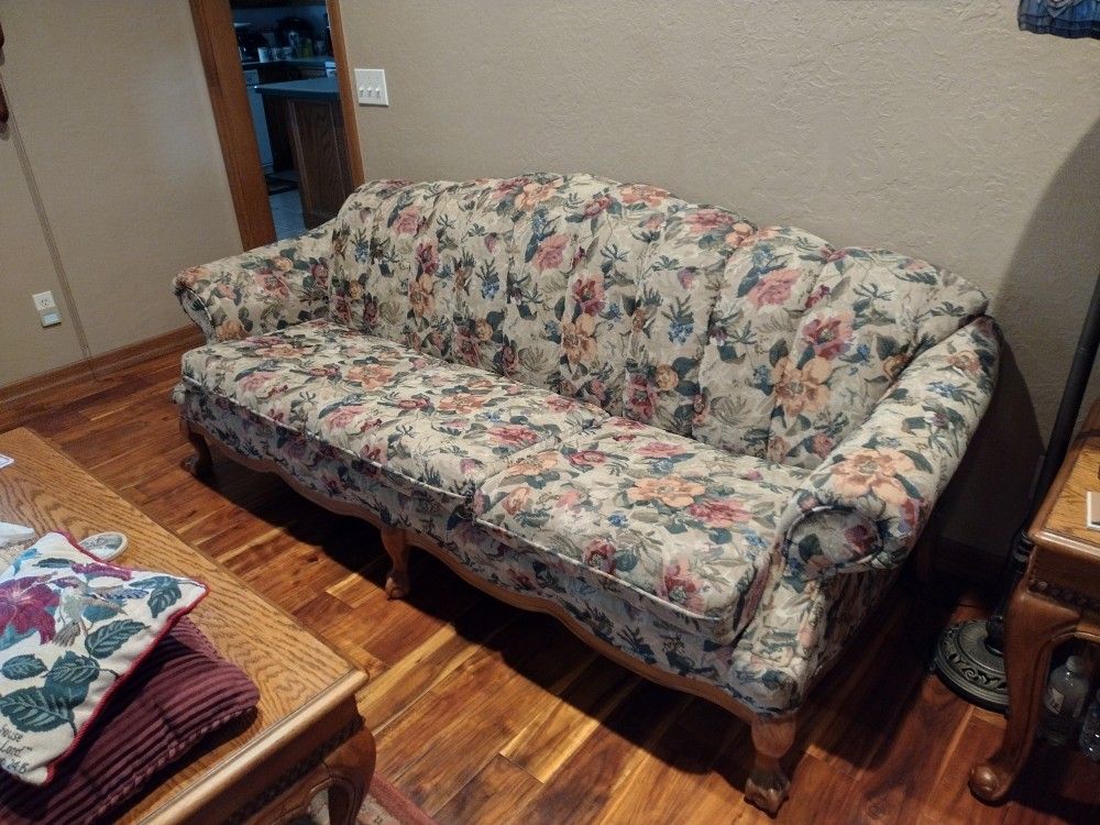 Tapestry Sofa with Wood Trim