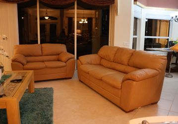 All Leather, Tan-Colored, Sofa, Loveseat, and Recliner