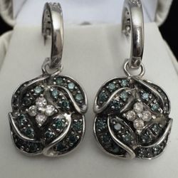 Sterling Silver ~3/4CTW Blue & White Diamond Flower Dangle Earrings ~1"